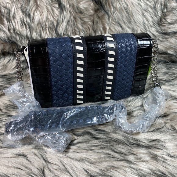 Hanna Leather Shoulder Purse Bag Navy Woven Embossed Crocodile Snake Print - Picture 11 of 16